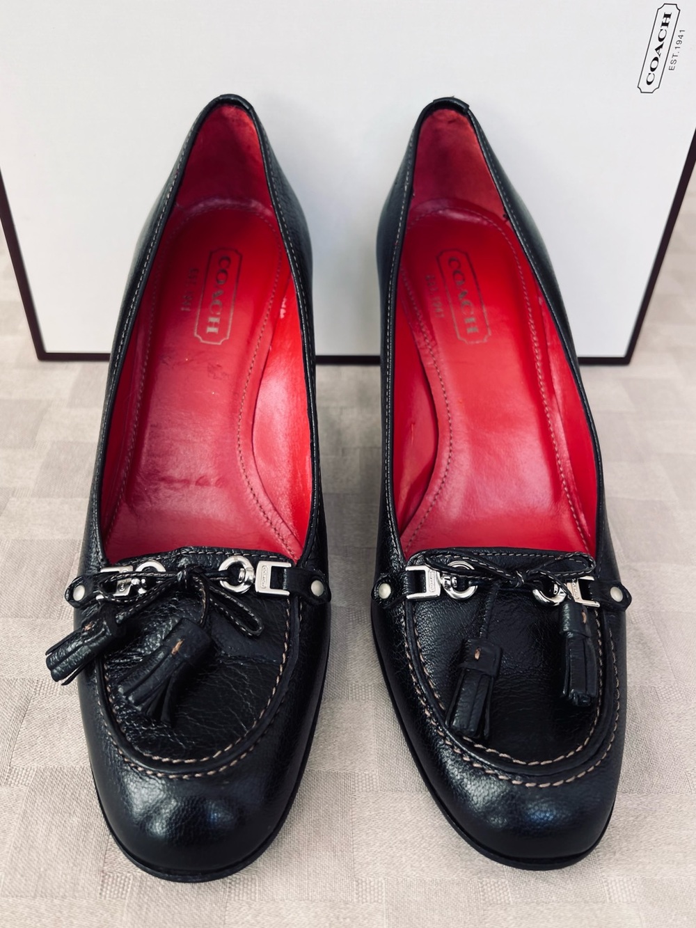 COACH NWT Black Leather Tassel Loafers w/ Red Insole, Original Box (never worn)